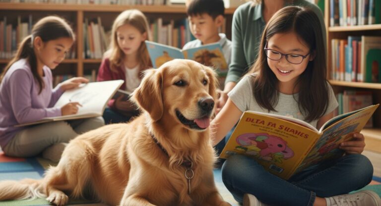 Golden Retriever therapy dog lying on a colorful rug in a school library with children reading around it, a teacher supervising.