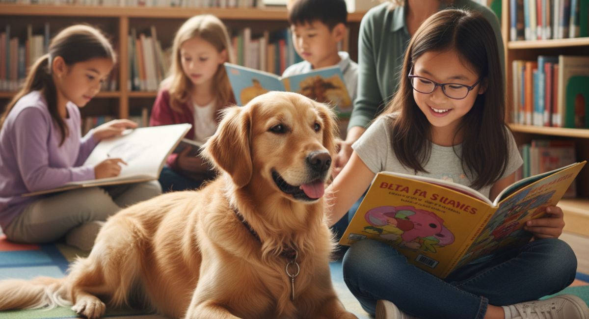 Golden Retriever therapy dog lying on a colorful rug in a school library with children reading around it, a teacher supervising.
