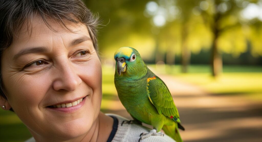 A person smiling warmly with a colorful, friendly parrot perched on their shoulder, symbolizing the therapeutic bond that helps with social anxiety.