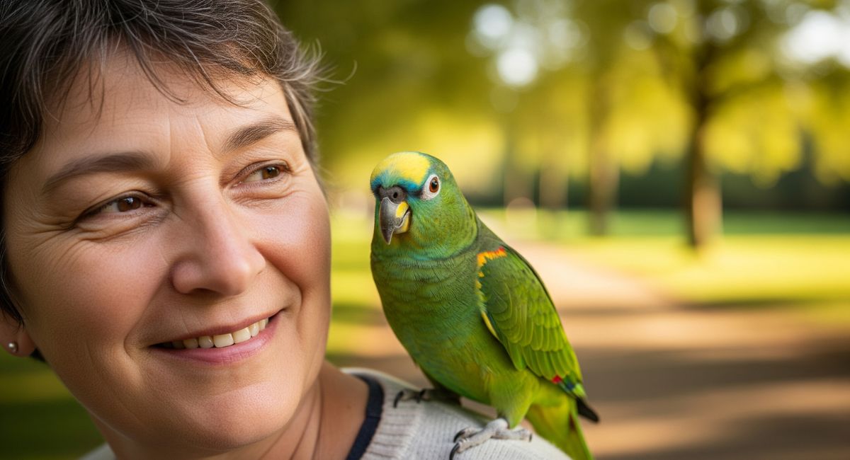 A person smiling warmly with a colorful, friendly parrot perched on their shoulder, symbolizing the therapeutic bond that helps with social anxiety.