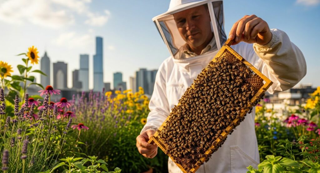 A beekeeper in a protective suit gently holds a honeycomb frame covered in bees, standing in a lush rooftop garden with a city skyline in the background.